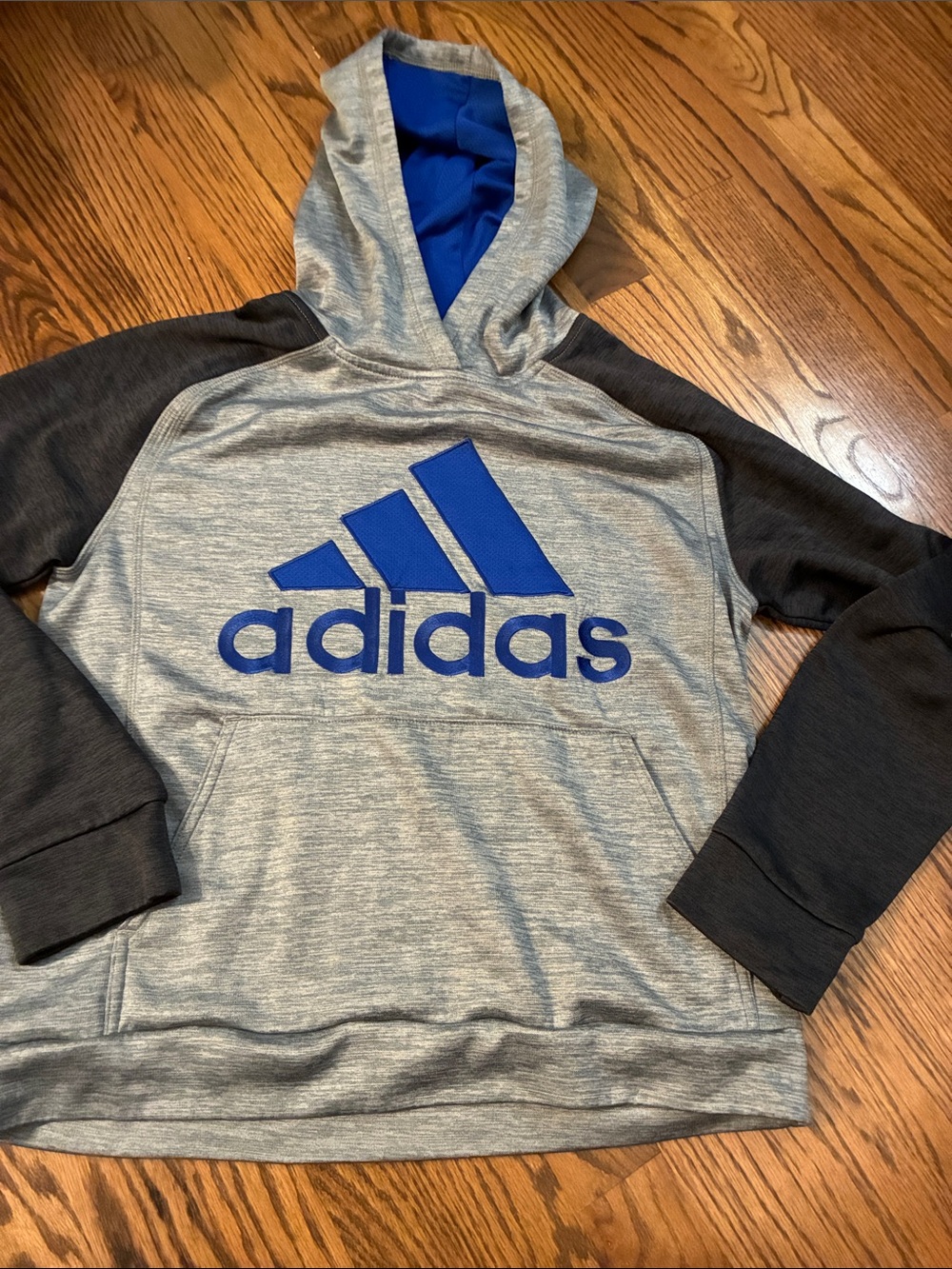 Adidas Boys Large 14/16 Gray Blue Hooded Sweatshirt Hoodie lightweight polyester